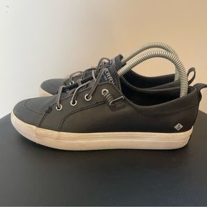 Sperry Women’s Crest Vibe Black Leather Sneaker US Size 5 M Boat Deck Shoe Lace